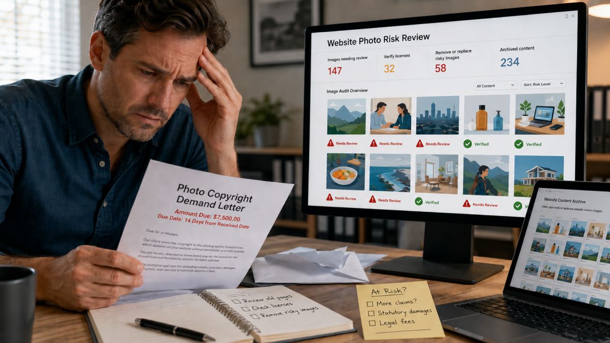 Worried business owner reviewing a photo copyright demand letter and website image copyright demand letter